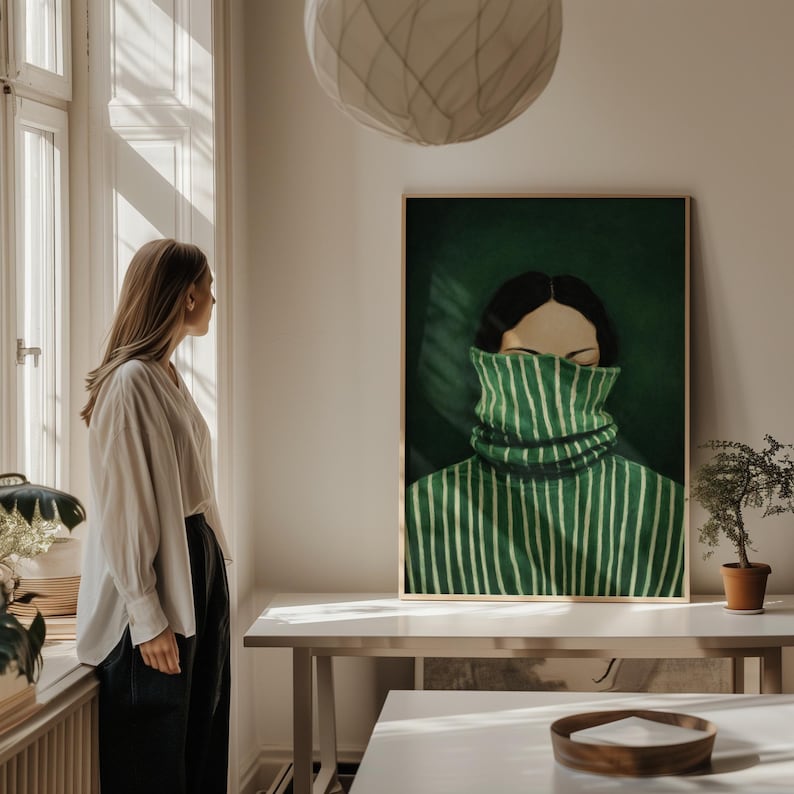 Emerald Green Abstract Woman Portrait Art | Minimalist Japandi Wall ...