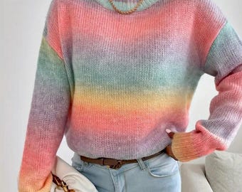 Rainbow Ombre Knit Sweater – Women’s Pastel Gradient Pullover, Cozy Colorful Long Sleeve Top, Soft Casual Winter Jumper, Gift for Her