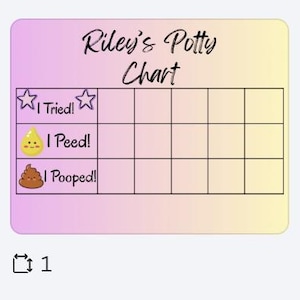 Könnte beinhalten: Vier Töpfchentrainings-Charts mit verschiedenen Designs. Jedes Chart hat einen Namen, ein Raster und Symbole für "Ich habe es versucht!", "Ich habe gepinkelt!" und "Ich habe gekackt!". Die Charts zeigen Farbverläufe, Herzen und Sterne.