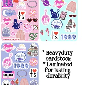 Puede incluir: Tres hojas de pegatinas con varios diseños. Cada hoja presenta múltiples pegatinas con texto como "1989", "Lover" y "Cruel Summer", junto con ilustraciones de un gato, una guitarra y otros iconos. También está presente el texto "Heavy Duty Cardstock" y "Laminated for lasting durability".