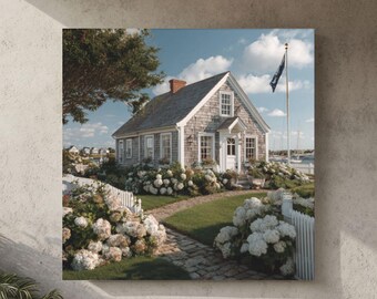 Nantucket Cottage Photo Print – Hydrangea Garden, Coastal Wall Art