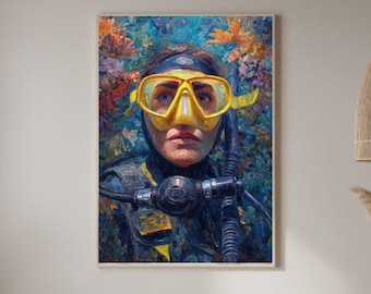 Scuba Diver Oil Painting Canvas - Underwater Seascape Wall Art, Scuba Diving Gift Ocean Decor