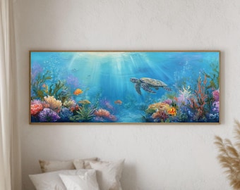 Sea Turtle Underwater Coral Reef Canvas, Marine Life Wall Decor, Ocean Turtle Painting Print