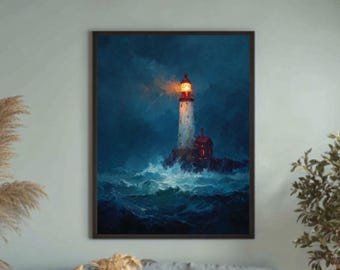 スリムキャンバスに描かれた嵐の海の灯台油絵ウォールアートプリント