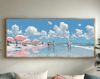 ピンクのビーチパラソルのキャンバスアート：楽しい海辺の壁飾り