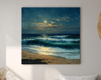 Moody Moonlight Ocean Waves Oil Painting, Dark Coastal, Night Sea Canvas, Seascape Decor