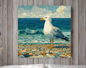 Impressionistische zeemeeuw stranddoek | Muurkunst oceaanvogel met textuur | Kleurrijk kustdecor