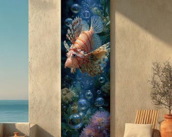 Lionfish Underwater Oil Painting – Vibrant Detailed Marine Life Art with Bubbles, Striking Colors on Canvas or Framed Coastal Wall Decor