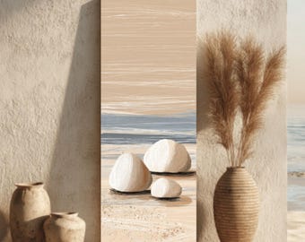 Abstract Zen Stone Beach Canvas, Neutral Coastal Pebble Wall Art, Minimalist Sand & Shore Print