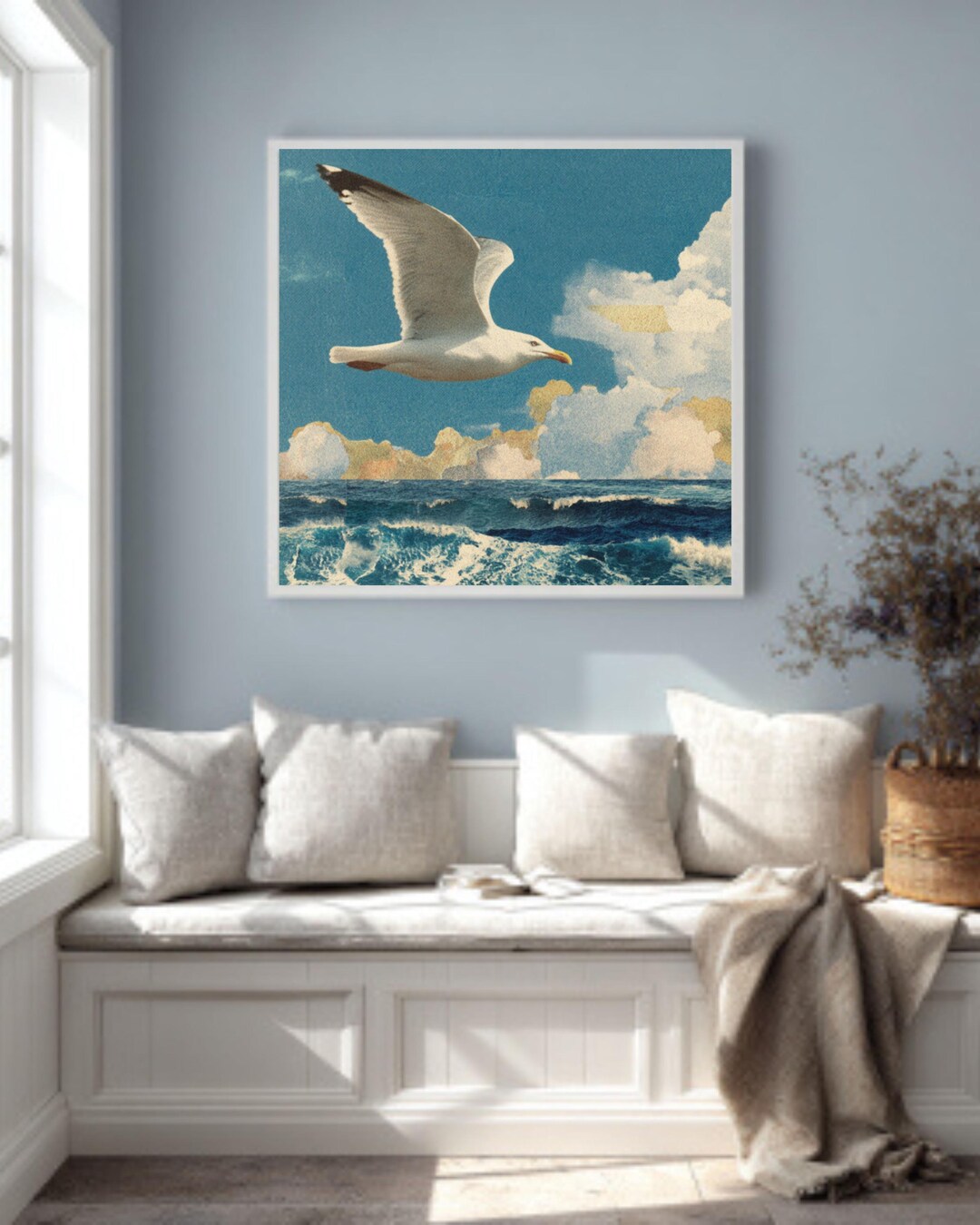 Seagull Flying Over Ocean Canvas Art, Coastal Bird Wall Decor, Vintage ...