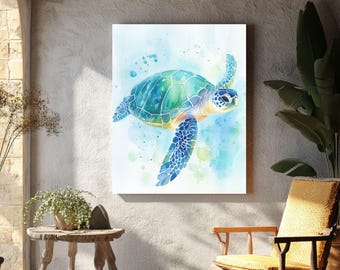 Watercolor Sea Turtle Canvas Art: Coastal Beach House Decor
