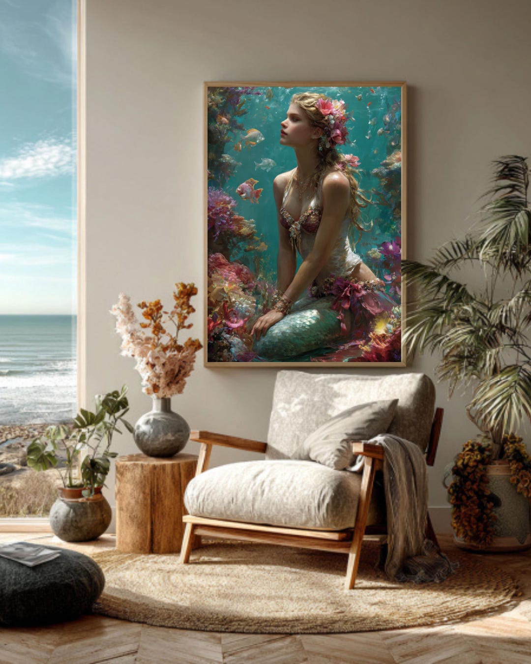 Fantasy Mermaid Oil Painting – Ocean Floor Coral Reef Wall Art - Etsy