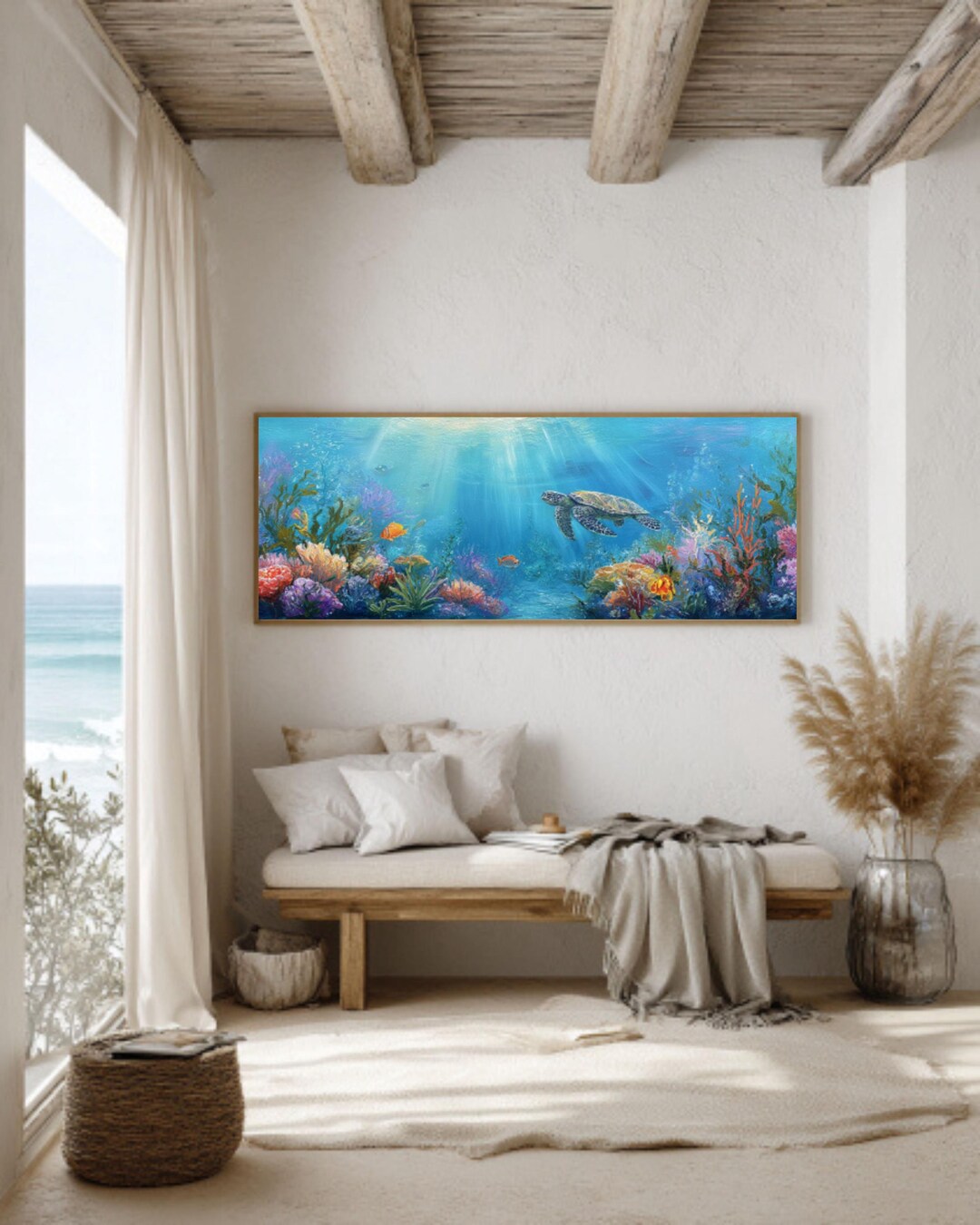 Sea Turtle Underwater Coral Reef Canvas, Marine Life Wall Decor, Ocean ...