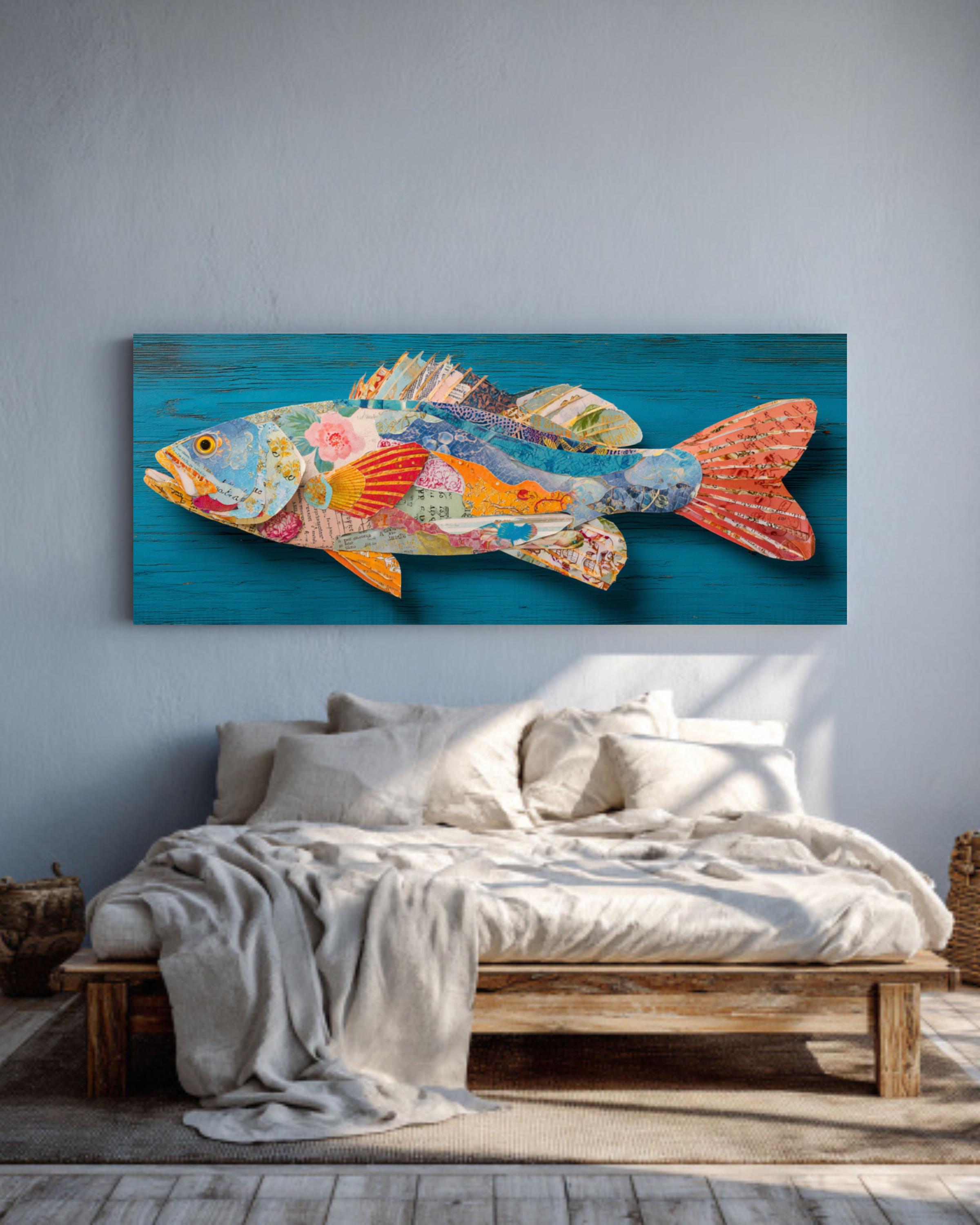 Colorful Collage Fish Canvas Art, Coastal Mixed Media Wall Decor ...