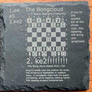 May include: Two dark gray slate coasters with chess diagrams and text. One coaster is labeled "Coating" and the other "No Coat". The text includes "The Bongcloud" and chess moves. The coasters are on a wooden surface.