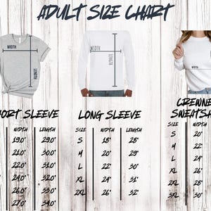 Puede incluir: Tabla de tallas para adultos para manga corta, manga larga y sudadera de cuello redondo. Las medidas est&aacute;n en pulgadas. La tabla incluye las tallas S, M, L, XL, 2XL y 3XL, con dimensiones de ancho y largo.