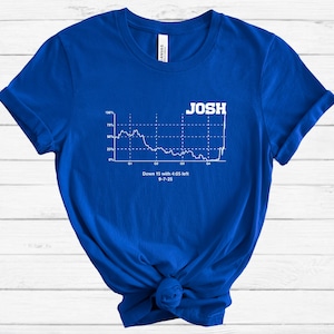 May include: Royal blue t-shirt with a white graphic. The graphic features the name "JOSH" above a line graph with the text "Down 15 with 4:05 left 9-7-25". The shirt is made of a soft material and has a crew neck.