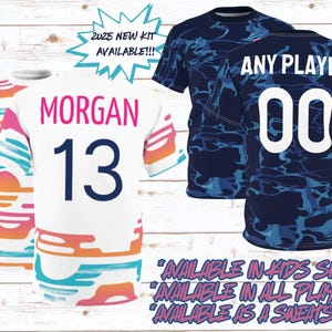 May include: Three short-sleeved athletic jerseys. One white jersey with the name "MORGAN" and the number "13" in navy blue. Two navy blue jerseys with a blue camouflage pattern, one with "ANY PLAYER" and the number "00" in white. Text reads "2025 NEW KIT AVAILABLE!!!".