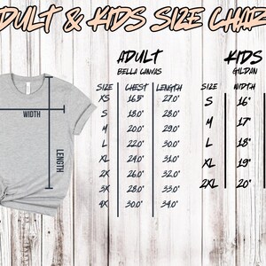 May include: A light gray t-shirt with a size chart for adult and kids' apparel. The chart includes measurements for chest, width, and length in inches for various sizes, including XS, S, M, L, XL, 2X, 3X, and 4X.