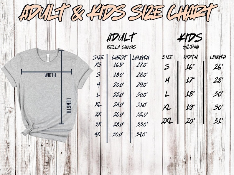 May include: A light gray t-shirt with a size chart for adult and kids' apparel. The chart includes measurements for chest, width, and length in inches for various sizes, including XS, S, M, L, XL, 2X, 3X, and 4X.