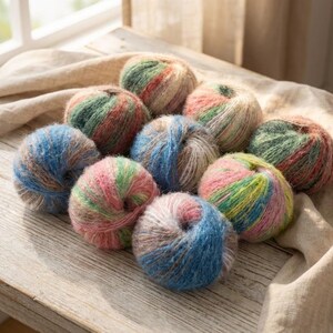 May include: A collection of colorful yarn balls in shades of blue, pink, green, and beige. The yarn is arranged on a light-colored wooden surface, with a neutral-toned fabric in the background. The yarn balls appear soft and fluffy.