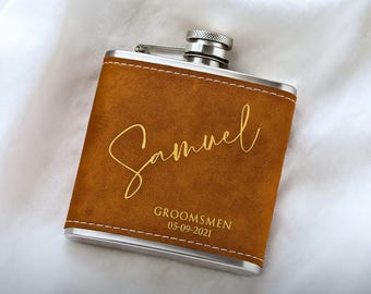Set di fiaschette personalizzato per testimoni dello sposo, fiaschetta incisa rivestita in pelle con bicchierini da shot, regalo di nozze.