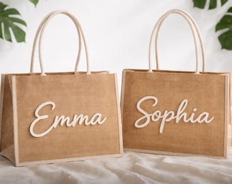 Bolso de mano personalizado para damas de honor, bolso de yute con nombre en 3D personalizado, regalo para despedida de soltera.