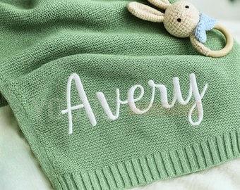 Custom Name Baby Blanket, Personalized Cotton Knit Blanket, Hand Embroidered Newborn Gift for Boys Girls, Baby Blanket Personalized, Newborn