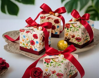 Floral Wedding Favor Boxes with Satin Ribbon Pearl Charm, Elegant Bridal Shower Gift Set