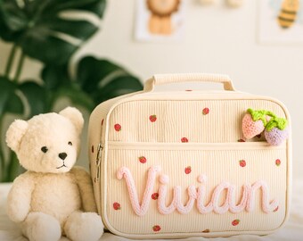 Corduroy Lunch Bag with Chenille Name Patch: Personalized Insulated Box for Kids