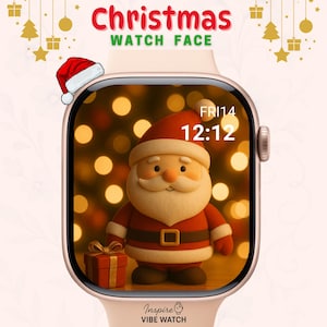 Puede incluir: Un reloj inteligente con una esfera de reloj con temática navideña que presenta a Papá Noel, un regalo y el texto "Christmas Watch Face". El reloj tiene una correa rosa claro y un pequeño gorro de Papá Noel.