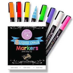 May include: A set of eight liquid chalk markers with a 3mm fine tip, in various colors, including orange, red, yellow, blue, green, purple, white, and pink. The markers are displayed with a black box that reads "Jenna Kate" and "Liquid Chalk Markers."