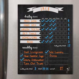 May include: A black magnetic chore chart with the name "JACK" at the top. It lists daily and weekly chores with check boxes. The daily chores include "Feed Dog" and "Make Bed". The weekly chores include "Dust Livingroom" and "Fold Laundry".