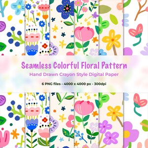 Sömlöst blommönster – färgglatt handritat kritstil, digital nedladdning