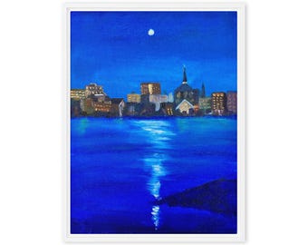 Midnight Harbor – Moonlit Harbor Landscape Canvas Print by Kaleigh Anderson