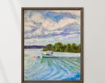 Anchored- Emerald Shore- Oil Painting Canvas Print