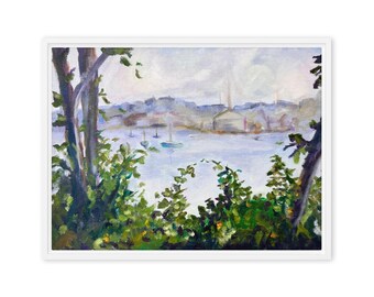 Between Branches and Light – Coastal Harbor Landscape Canvas Print by Kaleigh Anderson
