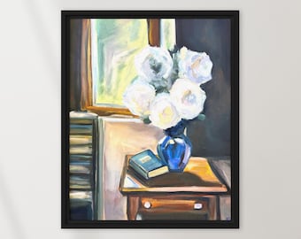 Blaue Vase Blumenstilleben Leinwanddruck - Küstenhütte Wandkunst