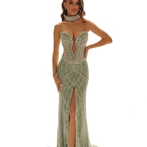 Handmade Luxury Beaded Evening Gown Custom Green Formal Prom and Pageant Dress With Slit