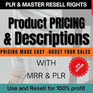 May include: Image with text: "Product Pricing & Descriptions" with "Pricing Made Easy - Boost Your Sales". Includes "MRR & PLR" and "Use and Resell for 100% profit". A red badge reads "2026 Edition".
