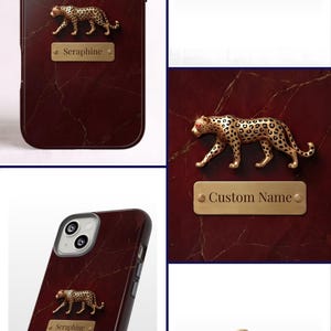 May include: A dark red marble-patterned phone case featuring a gold-toned leopard figurine and a rectangular nameplate with the text Seraphine or Custom Name. The case includes a camera cutout and the brand name SALGINI CASES with a logo.