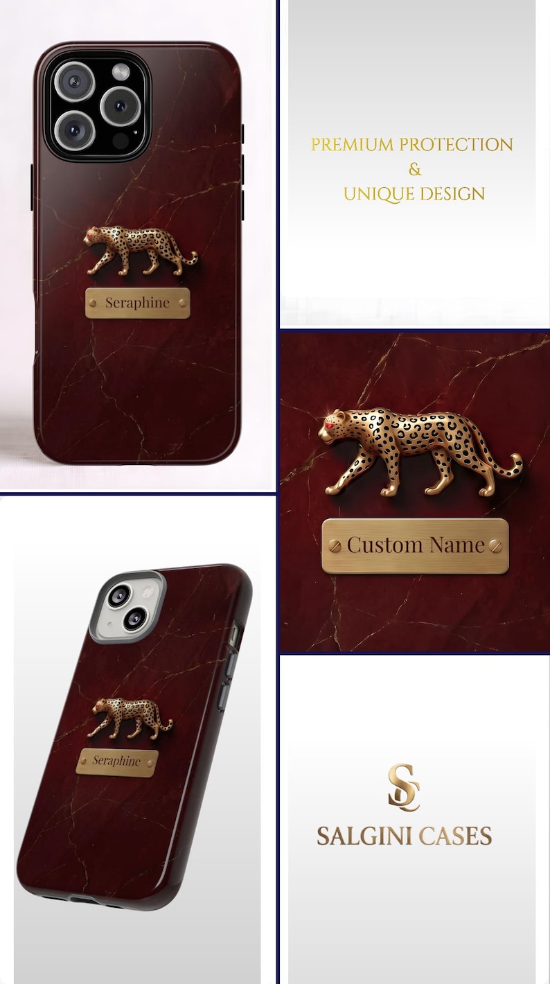 May include: A dark red marble-patterned phone case featuring a gold-toned leopard figurine and a rectangular nameplate with the text Seraphine or Custom Name. The case includes a camera cutout and the brand name SALGINI CASES with a logo.