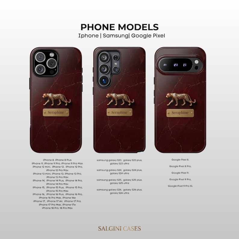 May include: Three dark red marble-patterned phone cases featuring a gold-colored leopard emblem and a rectangular nameplate with the text Seraphine. The text PHONE MODELS iPhone | Samsung | Google Pixel is displayed above the cases.