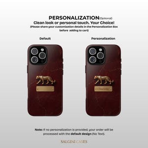 May include: Two smartphone cases with a dark red marble pattern, each featuring a gold-colored leopard figure and a rectangular gold plaque. One plaque is blank, while the other displays the name Charlotte. Text includes PERSONALIZATION and SALGINI CASES.