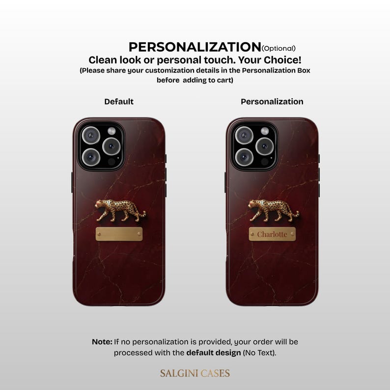 May include: Two smartphone cases with a dark red marble pattern, each featuring a gold-colored leopard figure and a rectangular gold plaque. One plaque is blank, while the other displays the name Charlotte. Text includes PERSONALIZATION and SALGINI CASES.