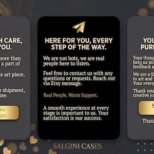 May include: Three dark gray rectangular information panels with gold icons and text. The panels feature the headings: CRAFTED WITH CARE, JUST FOR YOU; HERE FOR YOU, EVERY STEP OF THE WAY; and YOUR IDEAS ARE PURE GOLD TO US. Includes buttons and text.