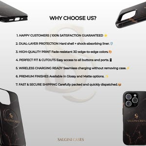 May include: A black marble-patterned phone case with the Salgini Cases logo. The image lists seven features including dual-layer protection, fade-resistant 3D edge-to-edge colors, precise cutouts for buttons and ports, and wireless charging compatibility.