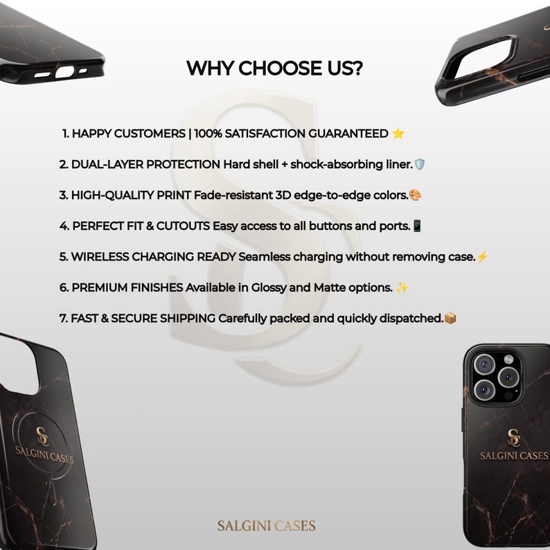 May include: A black marble-patterned phone case with the Salgini Cases logo. The image lists seven features including dual-layer protection, fade-resistant 3D edge-to-edge colors, precise cutouts for buttons and ports, and wireless charging compatibility.