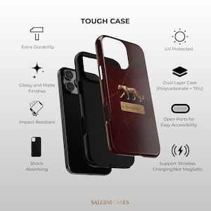 May include: A dual-layer tough phone case with a dark red marble pattern, a gold leopard emblem, and a nameplate reading Seraphine. The case features extra durability, UV protection, impact resistance, shock absorption, and open ports for accessibility.
