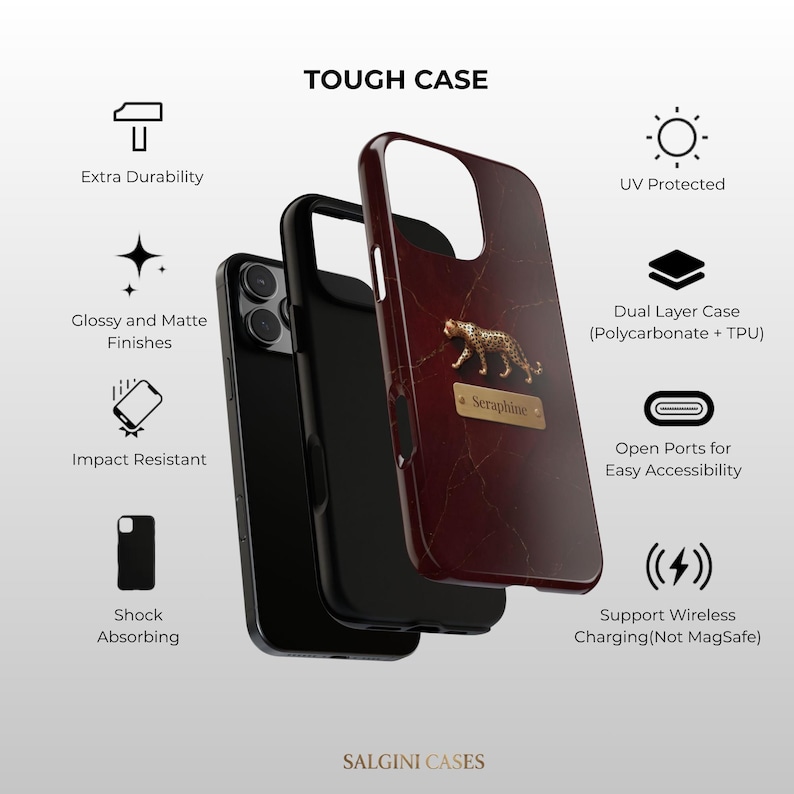 May include: A dual-layer tough phone case with a dark red marble pattern, a gold leopard emblem, and a nameplate reading Seraphine. The case features extra durability, UV protection, impact resistance, shock absorption, and open ports for accessibility.